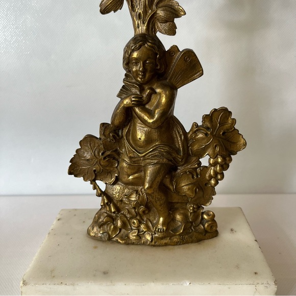 Antique Brass Cherub Baby Candelabra Marble Base Victorian - Picture 2 of 10